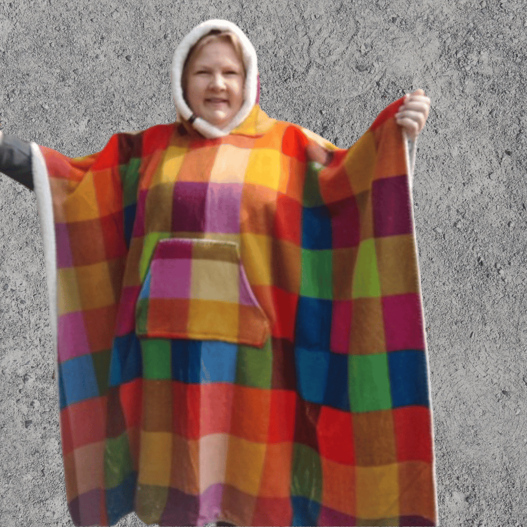 Multicoloured Check Fleece Hooded Blanket Poncho