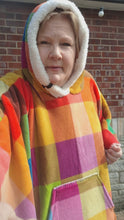 Load and play video in Gallery viewer, Multicoloured Check Fleece Hooded Blanket Poncho
