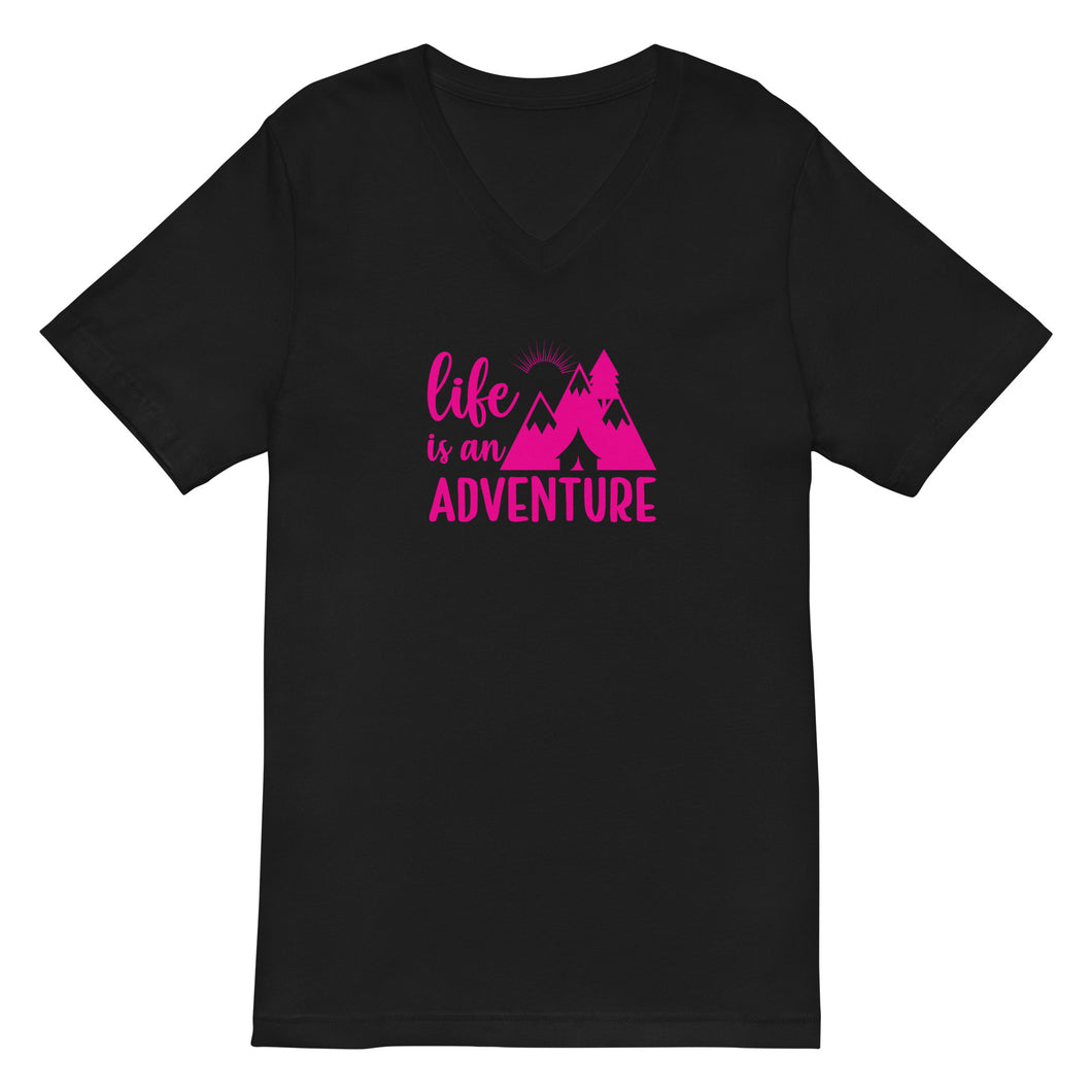 Life is an Adventure slogan in pink on V-Neck T-Shirt