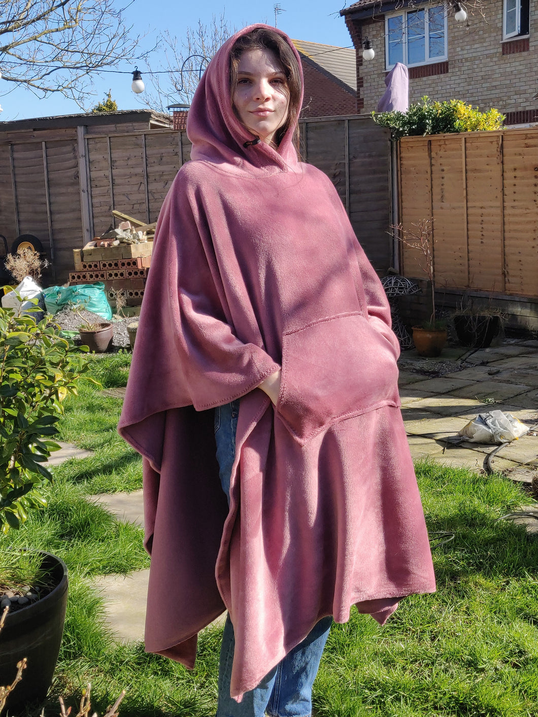 Rose Pink Hooded Fleece Blanket Poncho