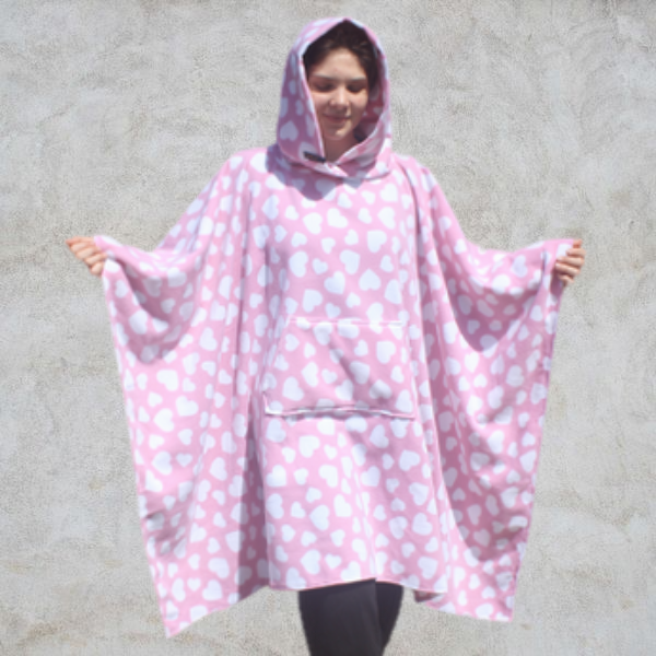 Pink and White Heart Fleece Hooded Blanket Poncho