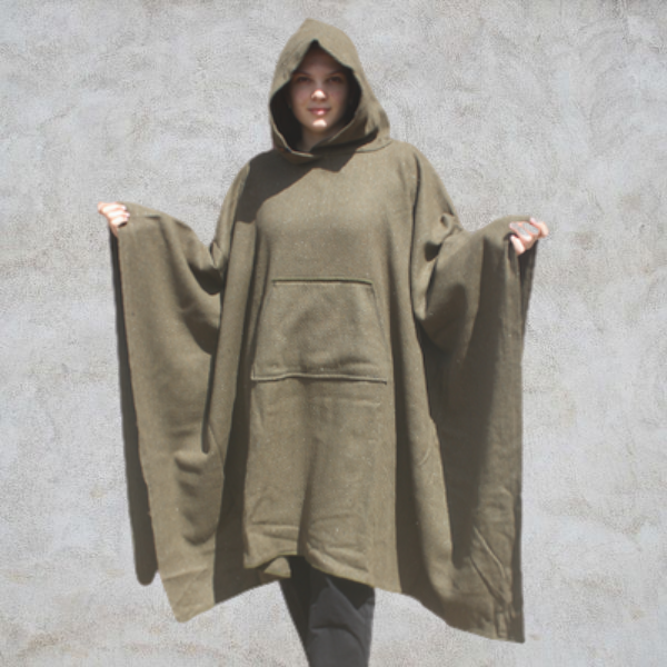 Traditional Army Surplus Olive Green Wool Hooded Blanket Poncho