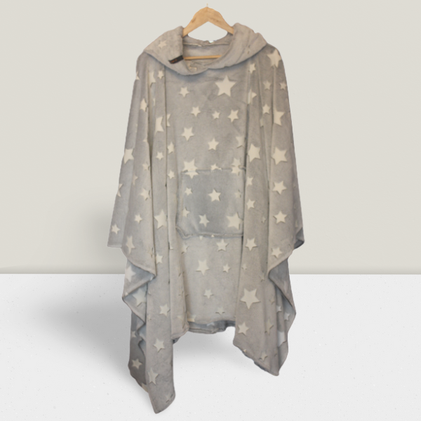 Light grey hooded blanket with glow in the dark stars and pocket