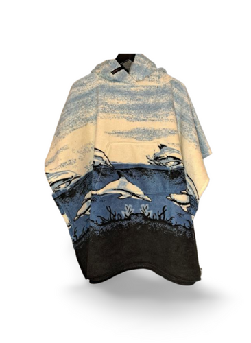 hooded fleece blanket poncho with a pocket in a dolphin and seascape design in blue